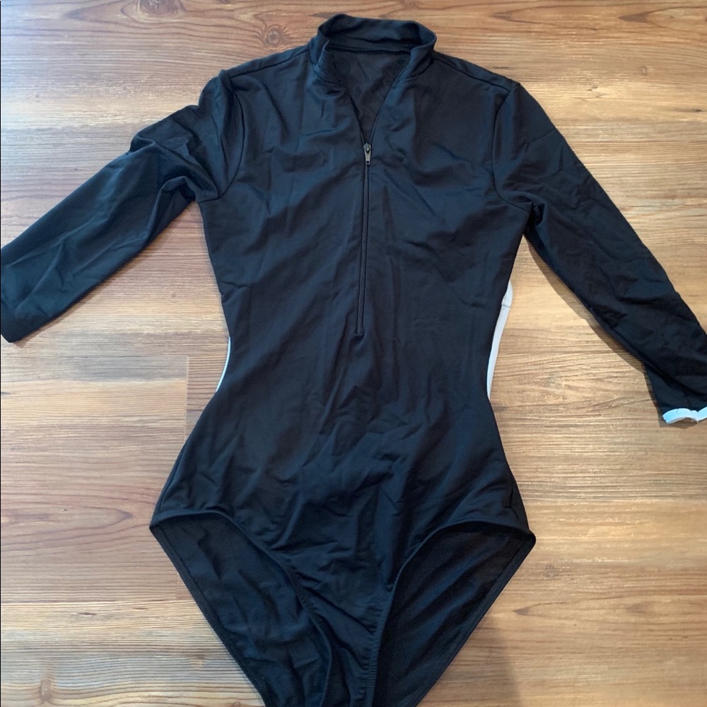 Mock Neck and Zipper Front leotard with blue trim